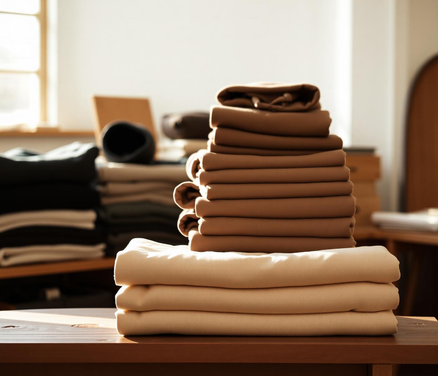 Folded premium hoodies stacked in a sunlit atelier